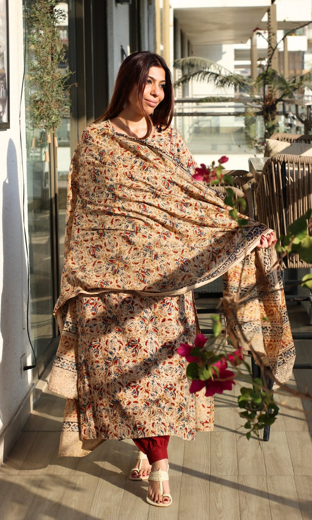 Cotton Beige Loose Fit Kalamkari Kurta , Afghani Salwar & Cotton Kalamkari Dupatta