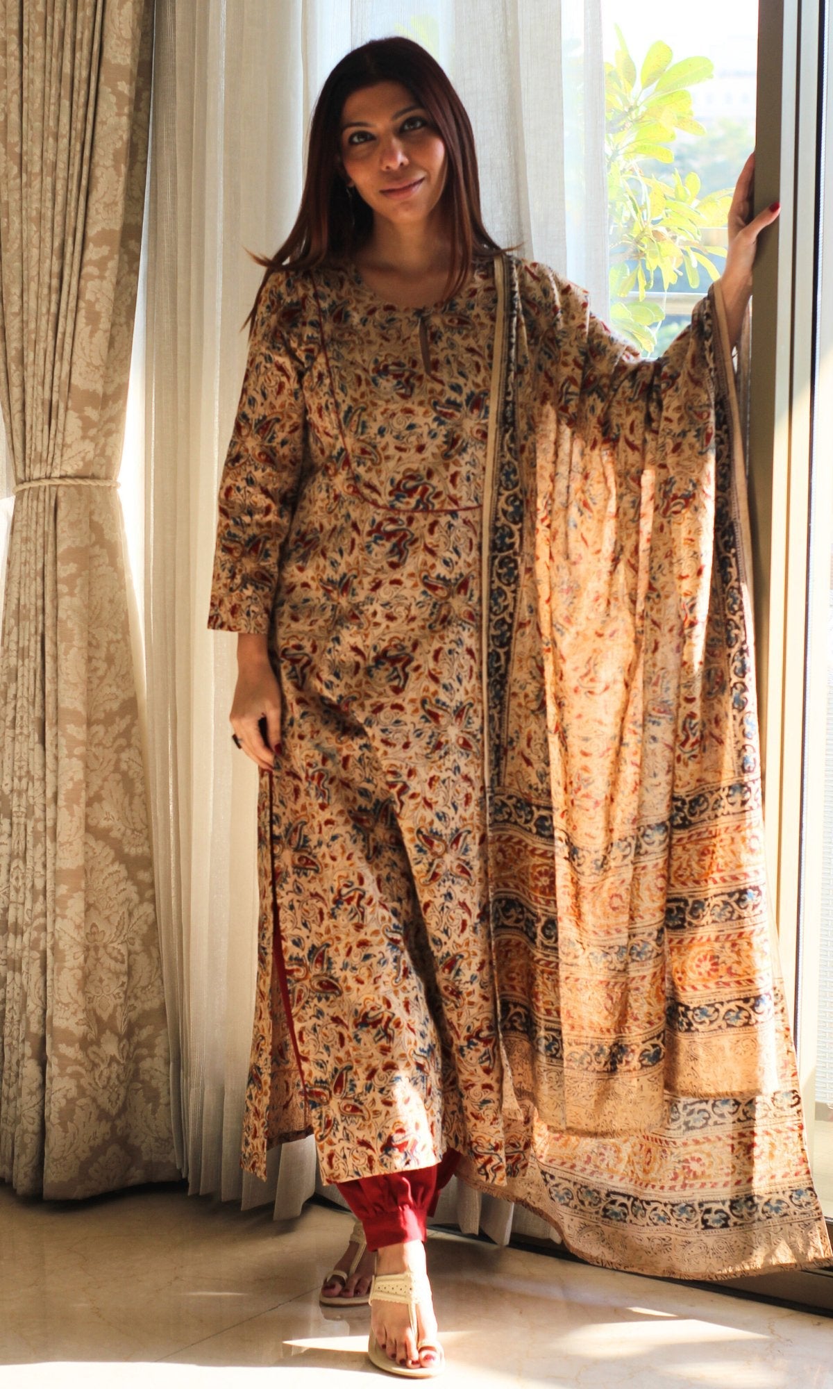 Cotton Beige Loose Fit Kalamkari Kurta , Afghani Salwar & Cotton Kalamkari Dupatta
