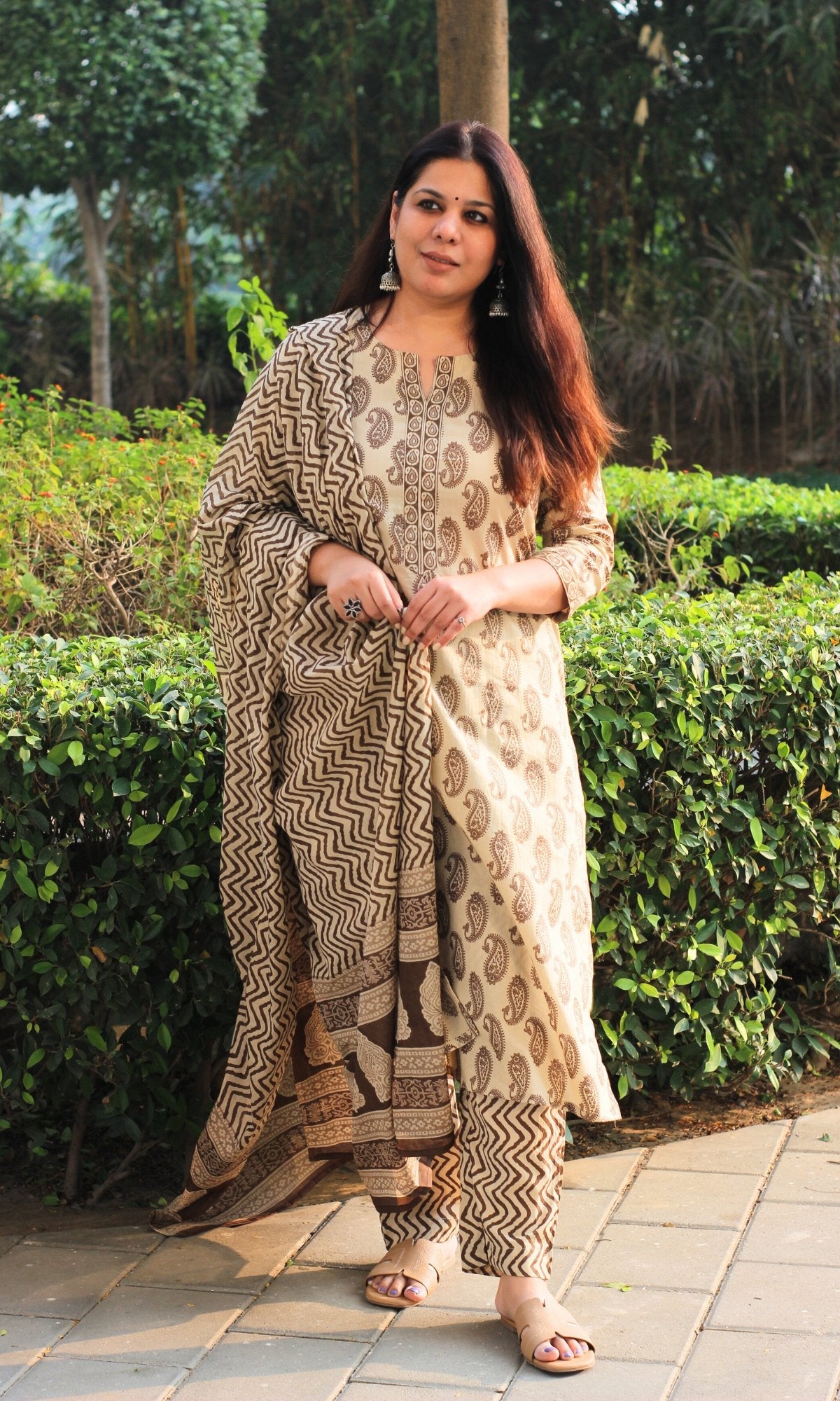 Cotton Beige Paisley Print Suit with Mul Dupatta