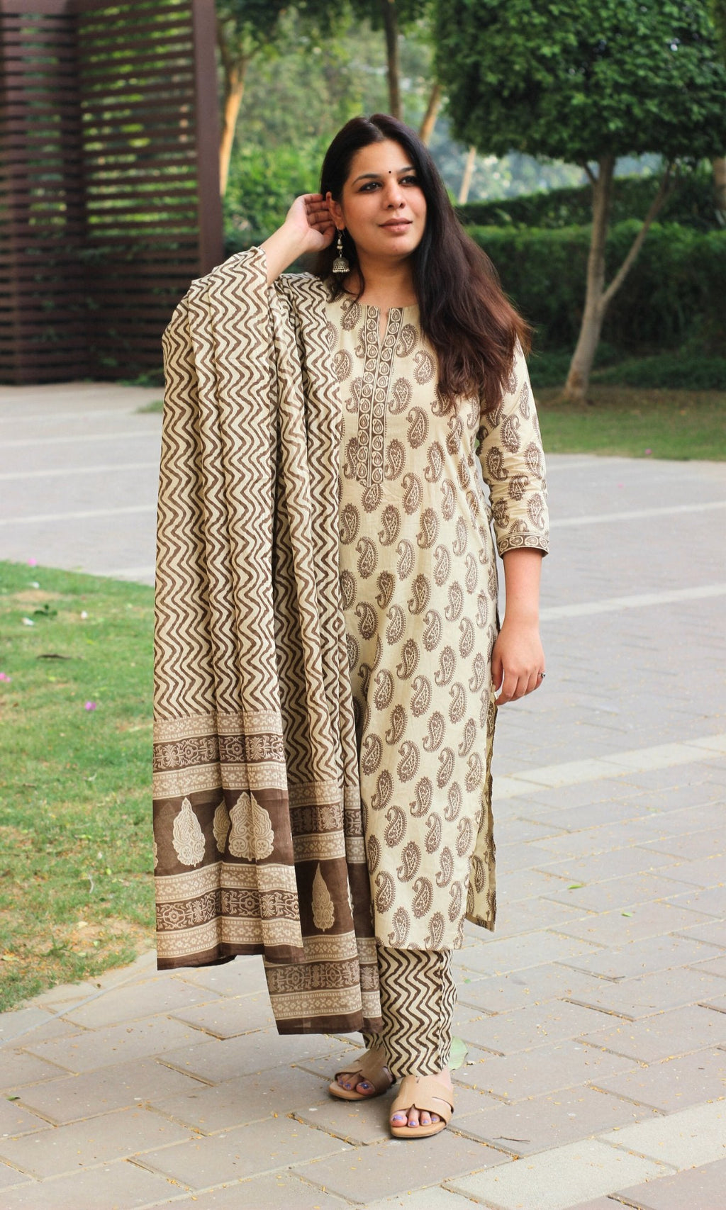 Cotton Beige Paisley Print Suit with Mul Dupatta