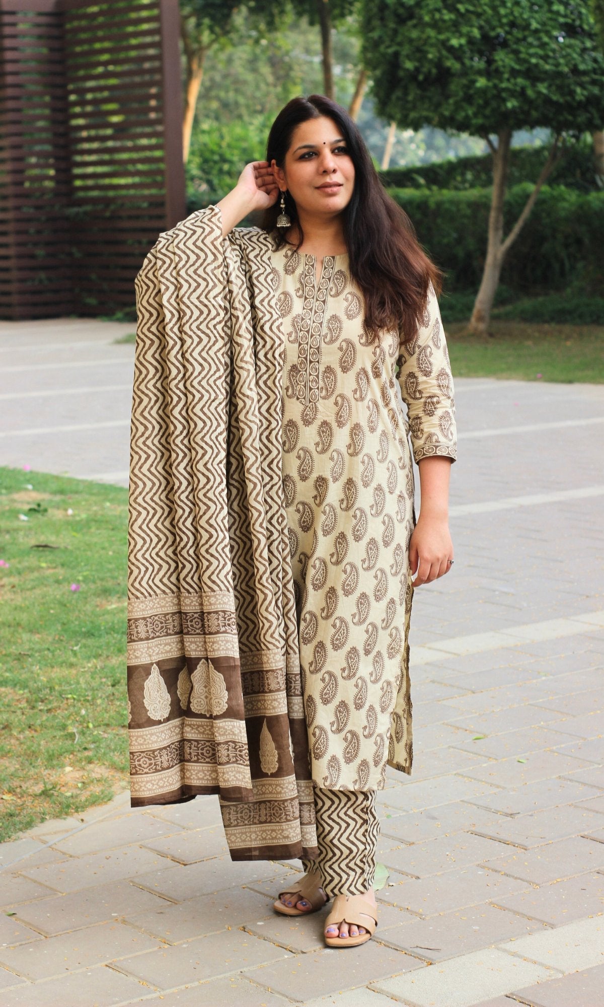 Cotton Beige Paisley Print Suit with Mul Dupatta