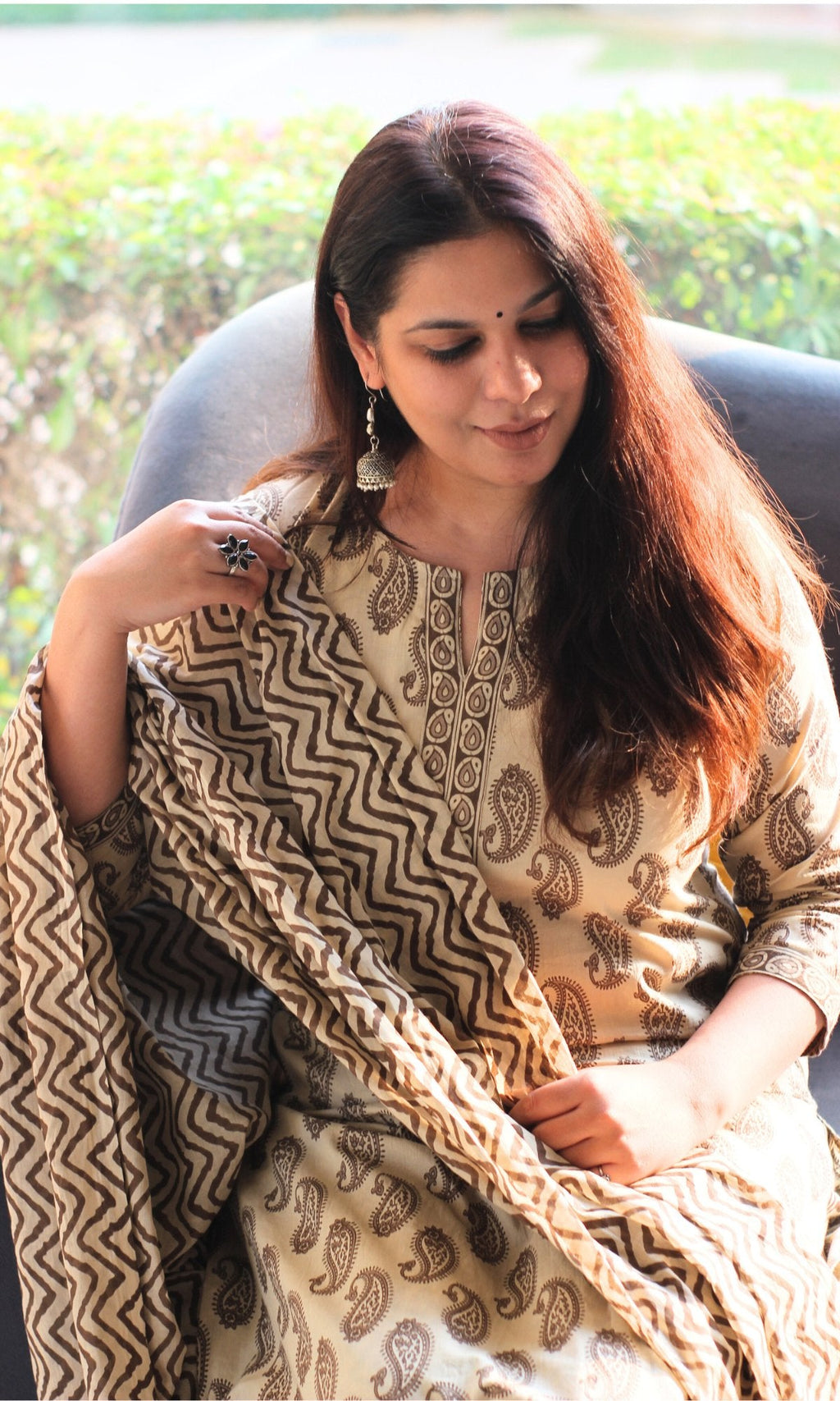 Cotton Beige Paisley Print Suit with Mul Dupatta