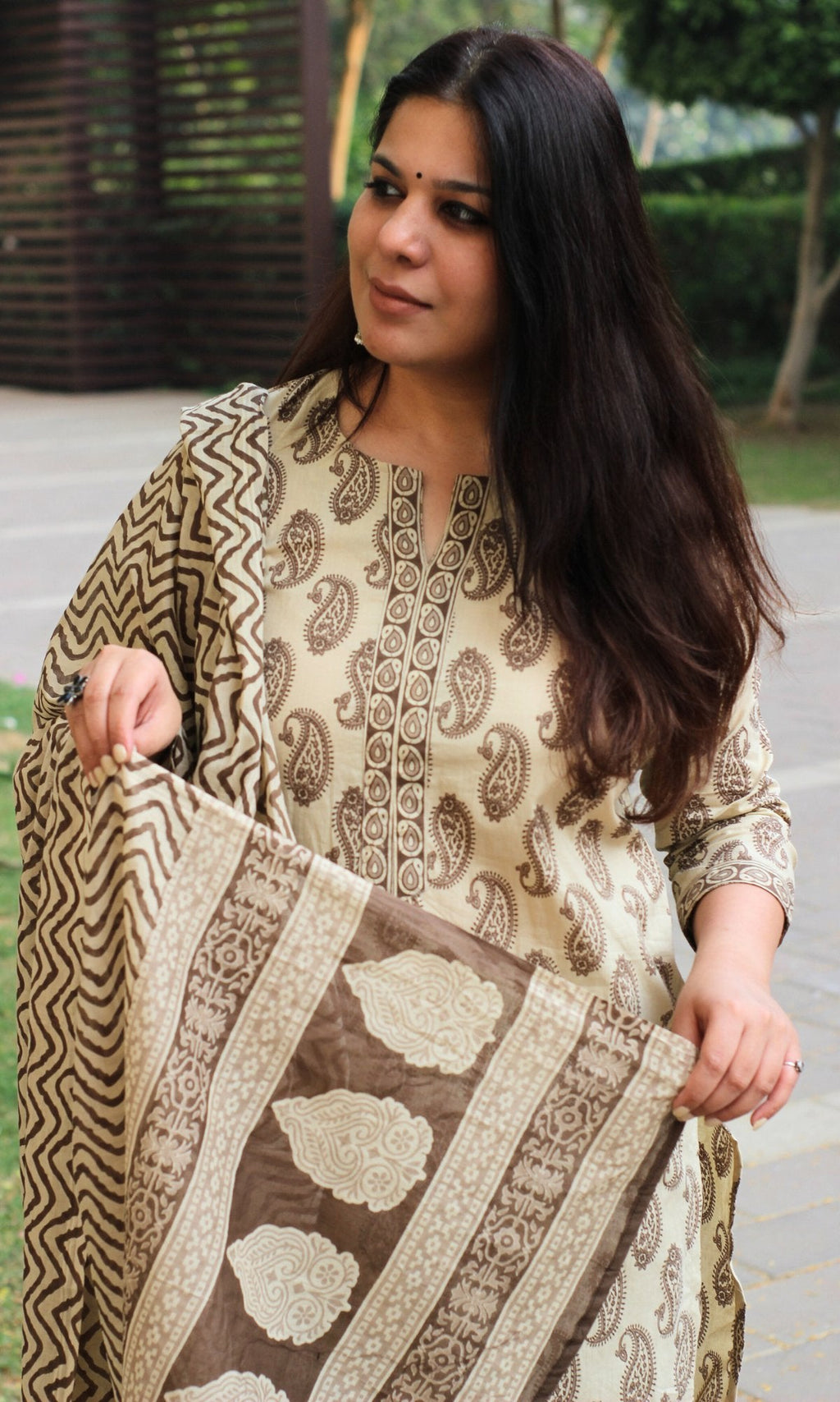 Cotton Beige Paisley Print Suit with Mul Dupatta