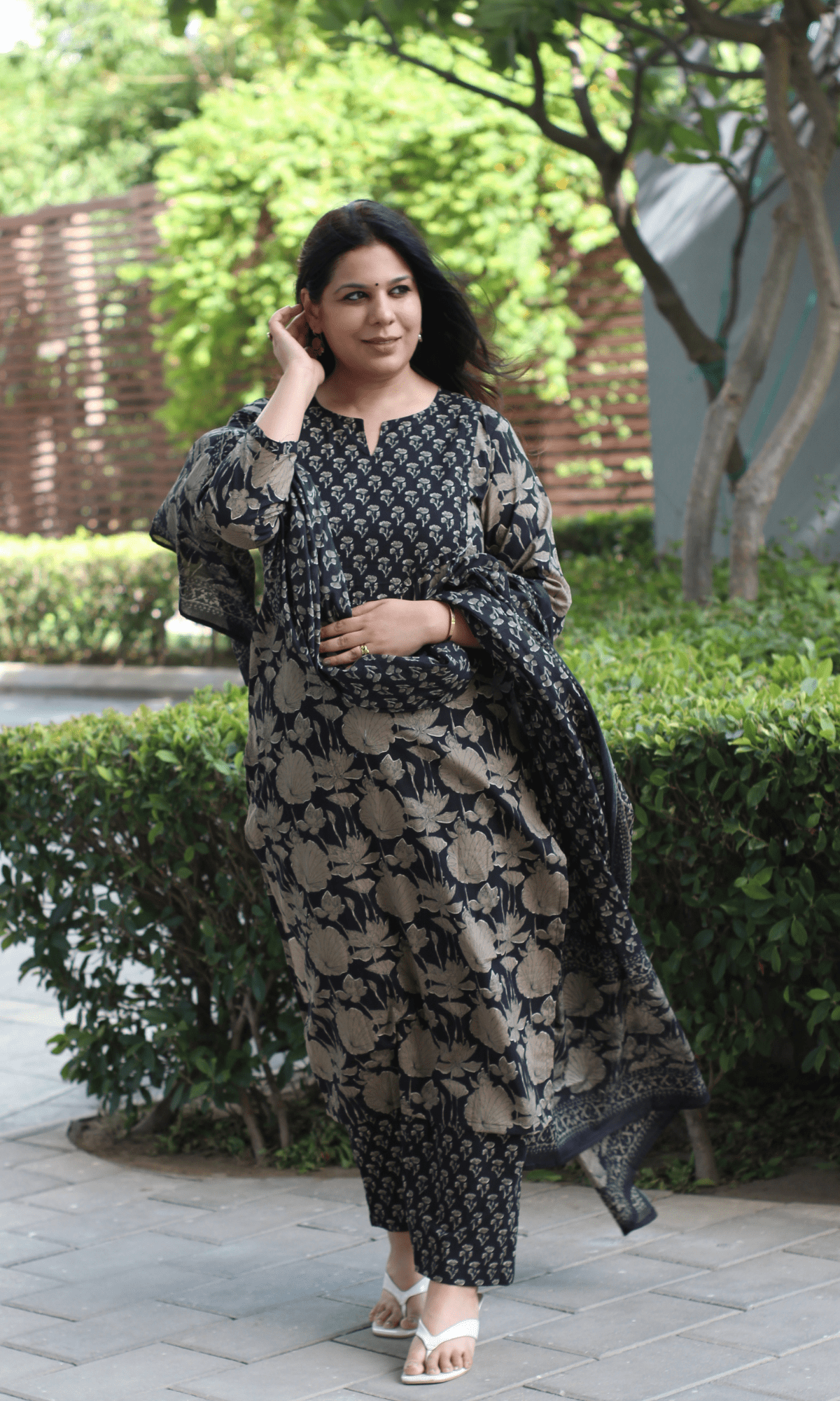 Cotton Black & Grey floral Printed Suit with Cotton Dupatta