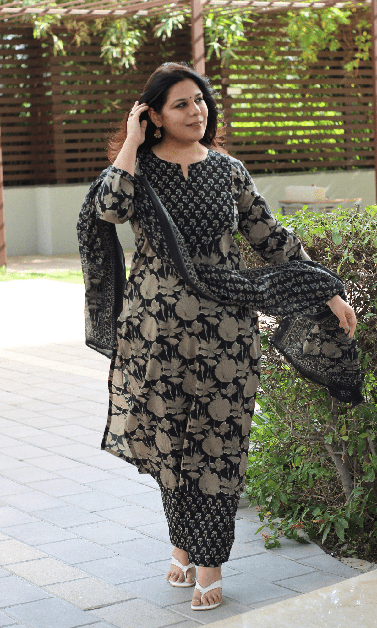 Cotton Black & Grey floral Printed Suit with Cotton Dupatta