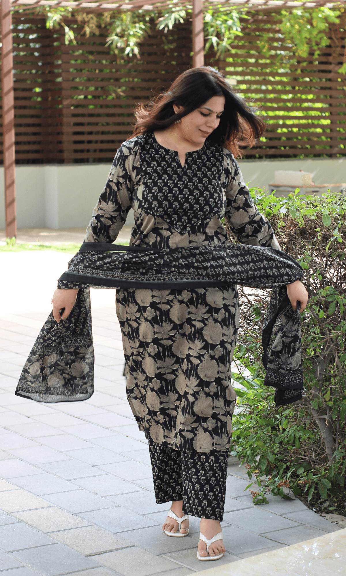 Cotton Black & Grey floral Printed Suit with Cotton Dupatta