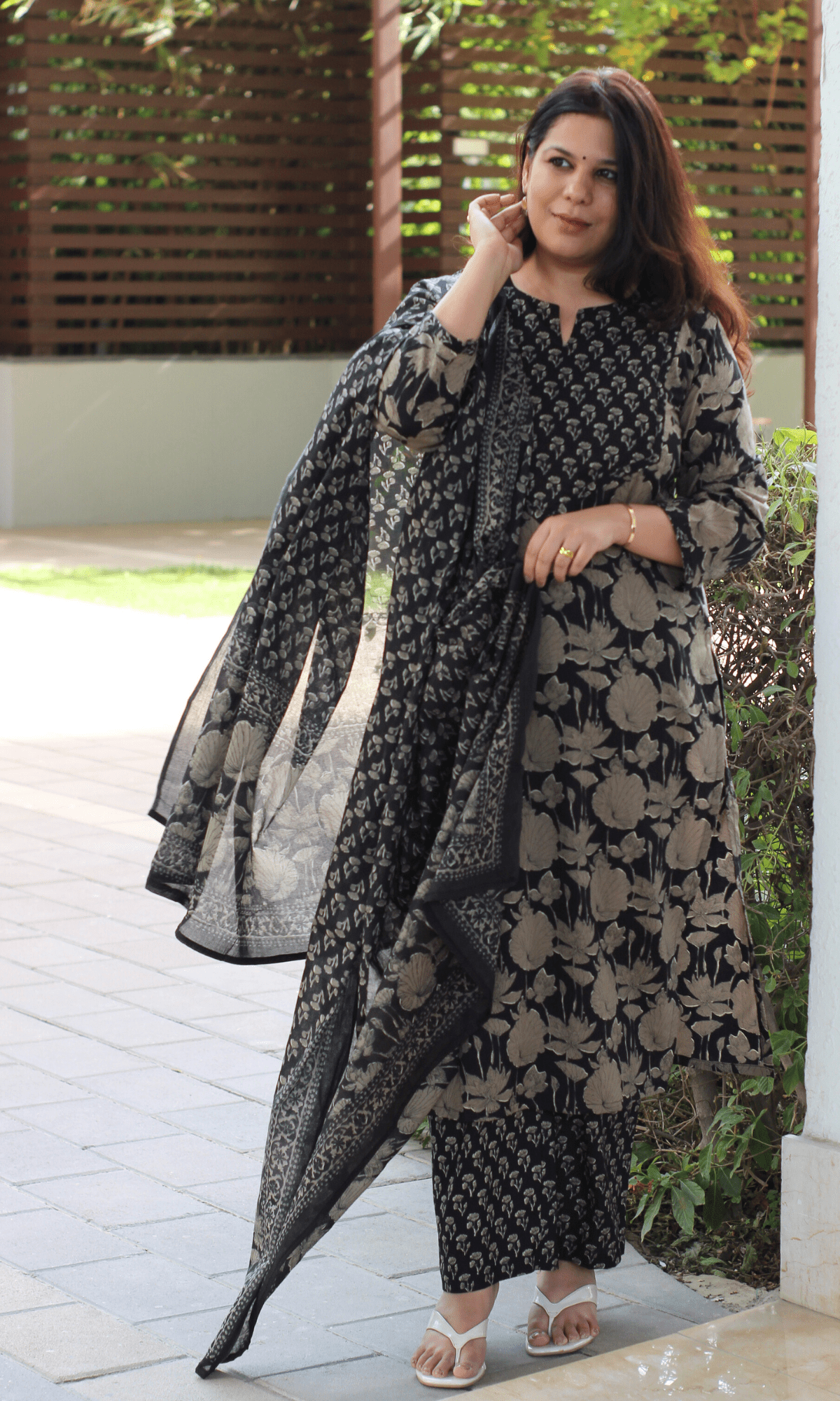 Cotton Black & Grey floral Printed Suit with Cotton Dupatta