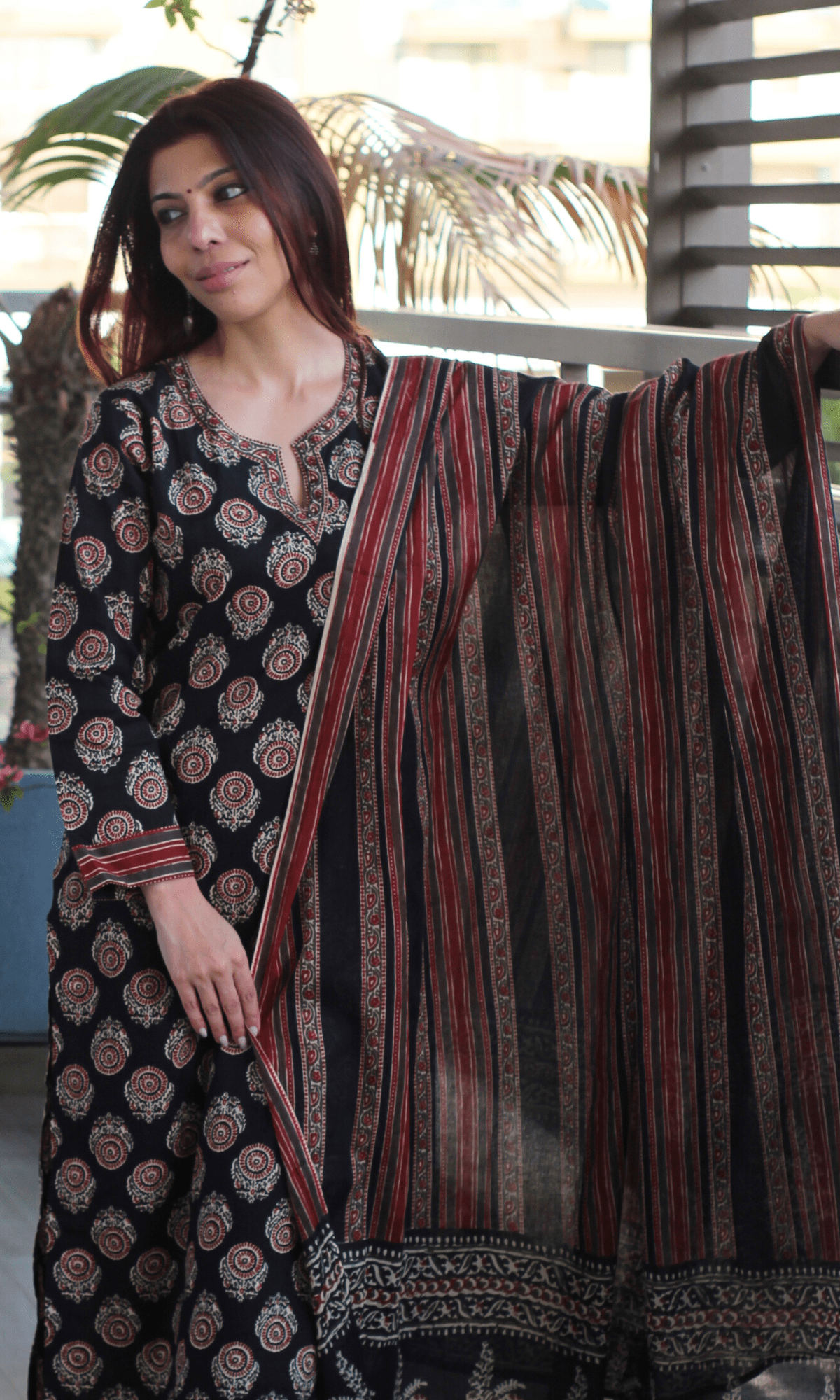 Cotton Black & Red Ajrakh Boota Print Suit with Cotton Printed Dupatta