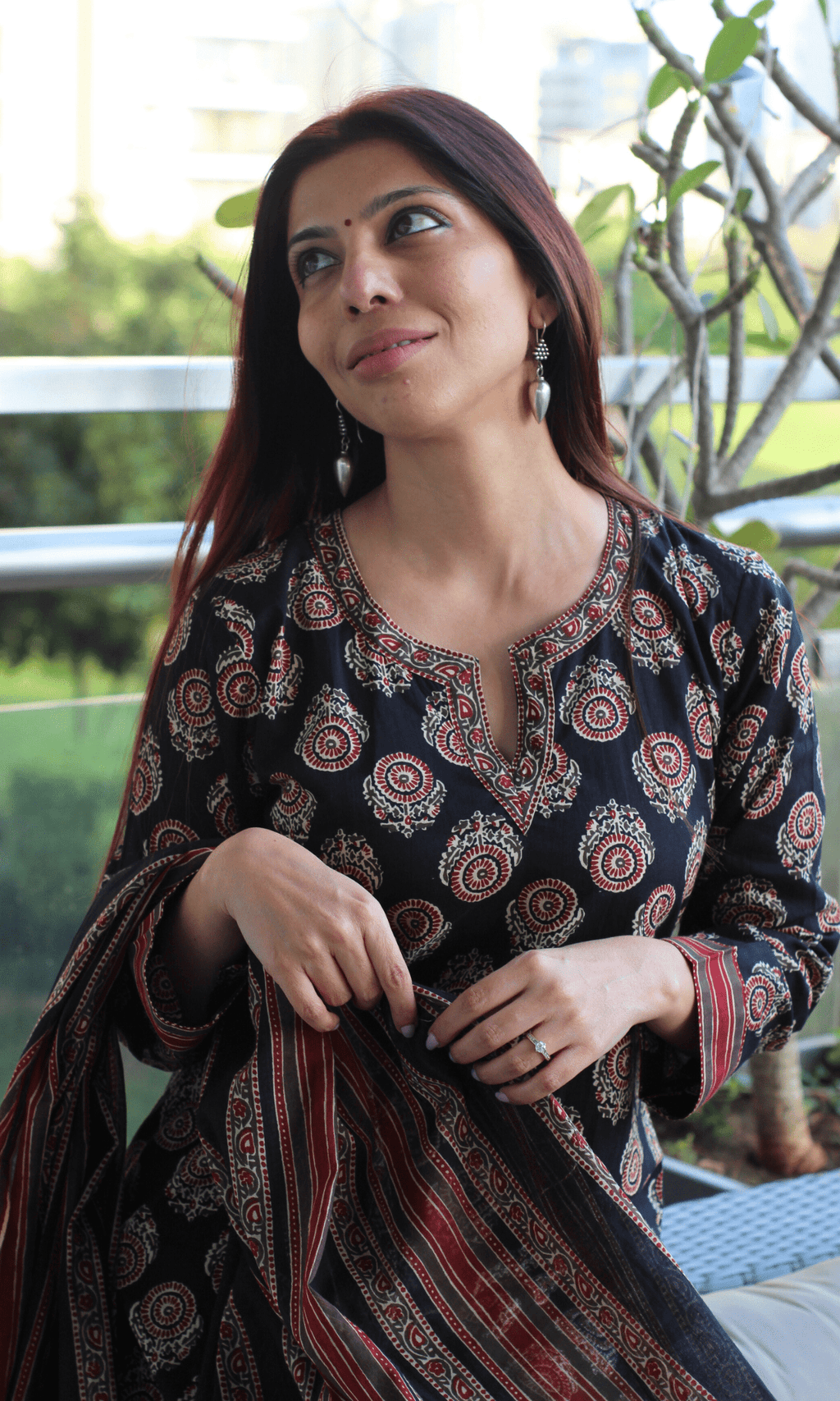 Cotton Black & Red Ajrakh Boota Print Suit with Cotton Printed Dupatta