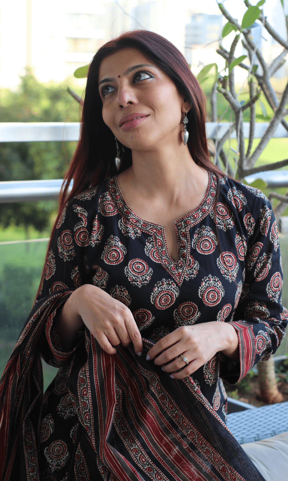 Cotton Black & Red Ajrakh Boota Print Suit with Cotton Printed Dupatta