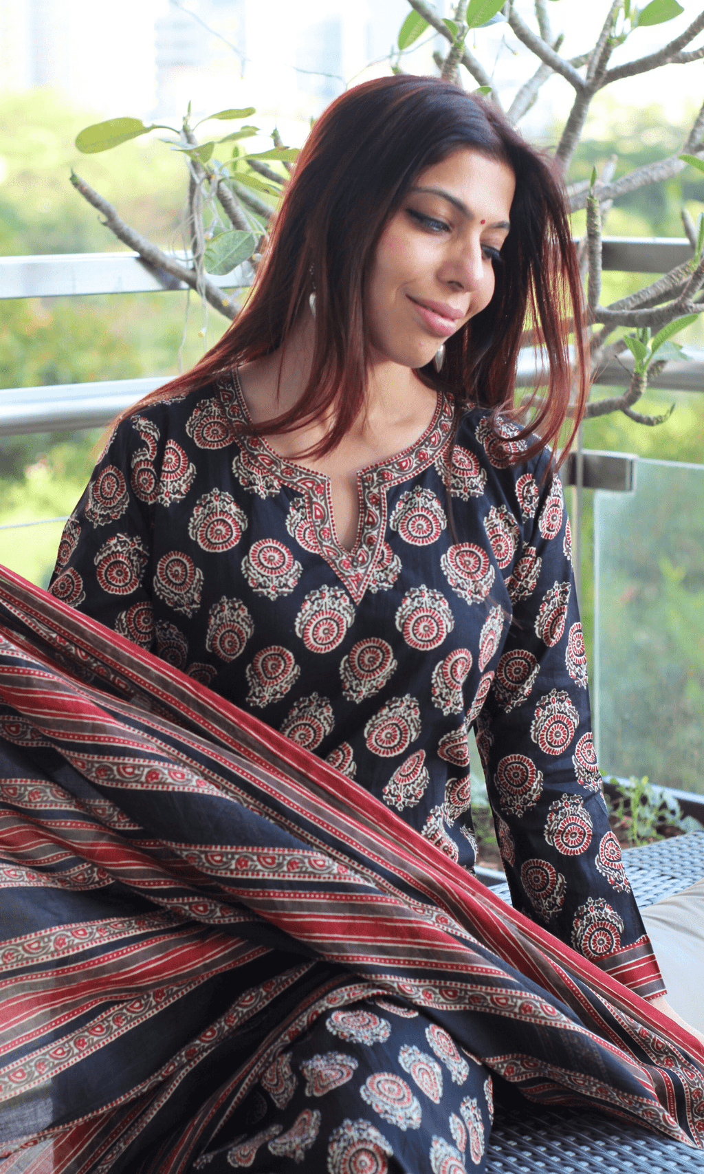 Cotton Black & Red Ajrakh Boota Print Suit with Cotton Printed Dupatta