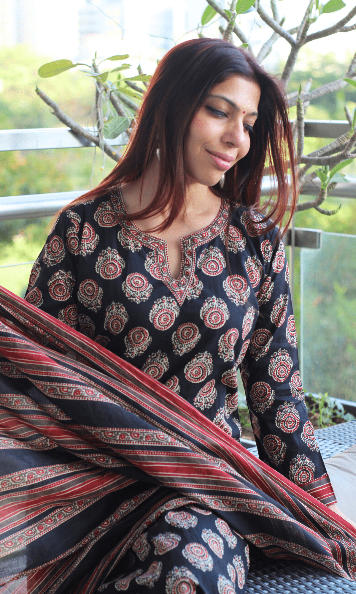 Cotton Black & Red Ajrakh Boota Print Suit with Cotton Printed Dupatta