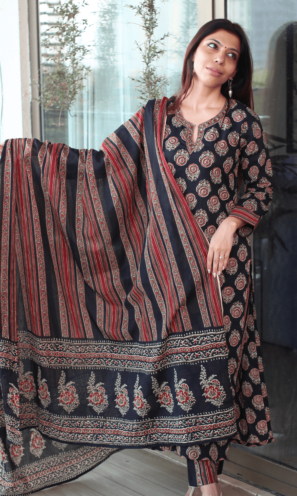 Cotton Black & Red Ajrakh Boota Print Suit with Cotton Printed Dupatta