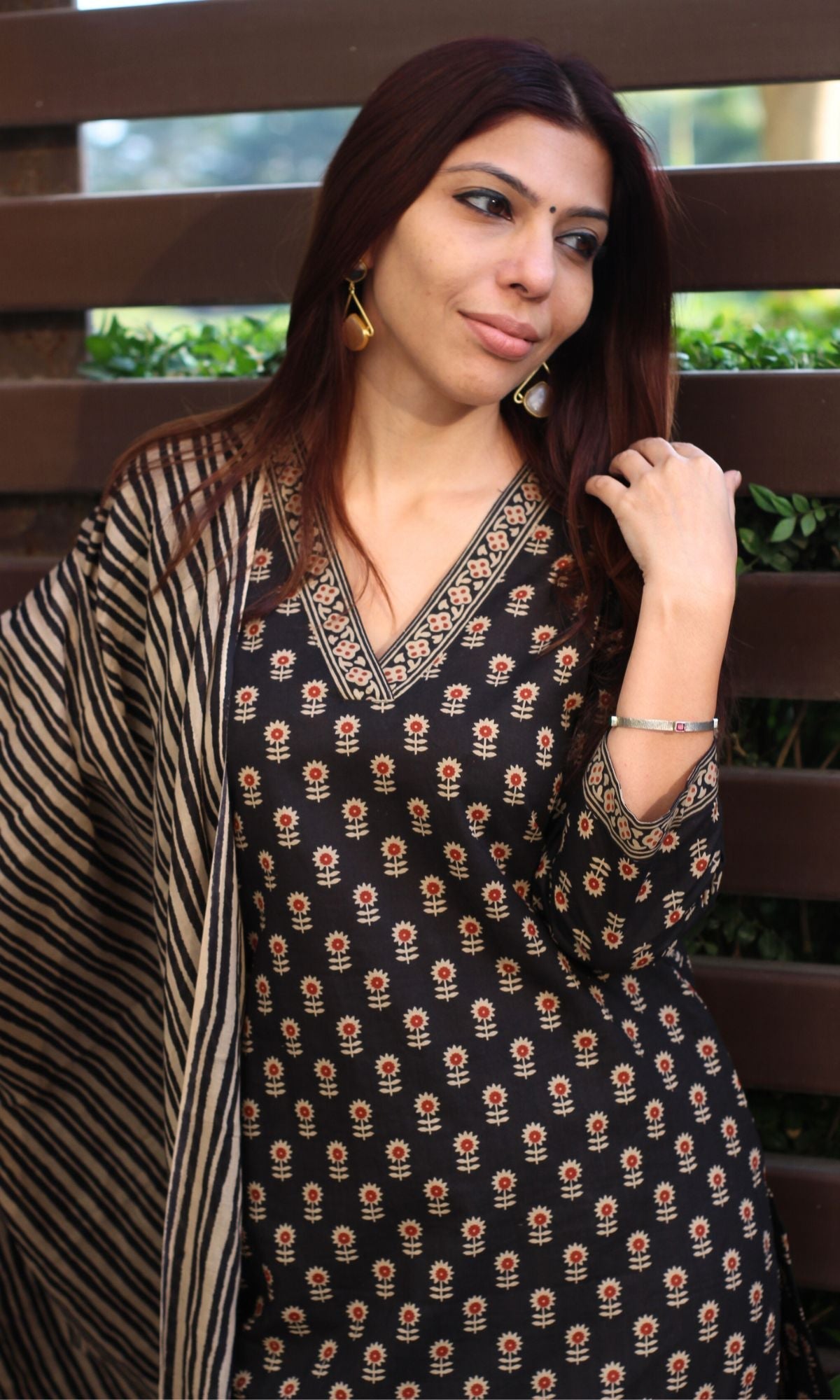 Cotton Block Print Black and Red Suit Set with Cotton Dupatta