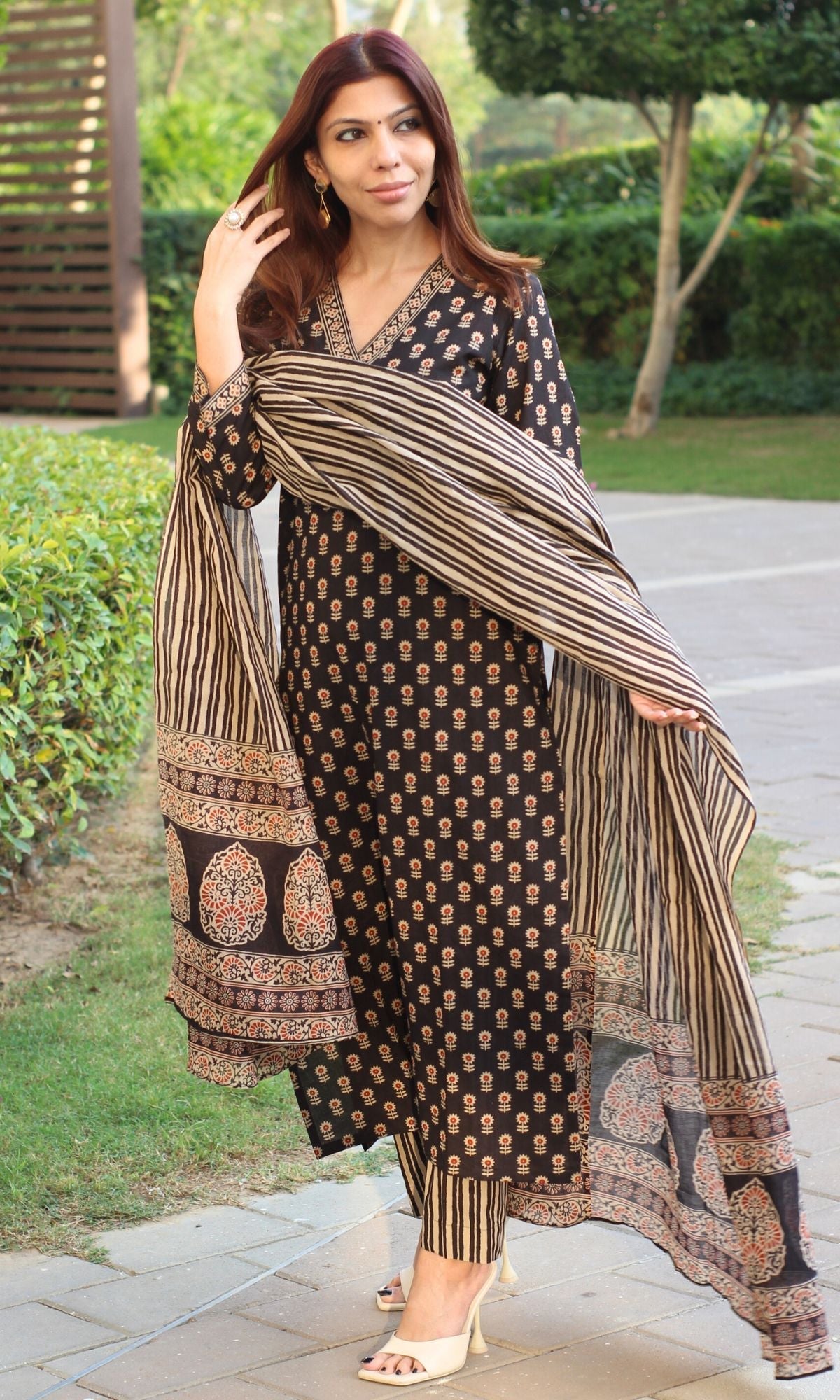 Cotton Block Print Black and Red Suit Set with Cotton Dupatta