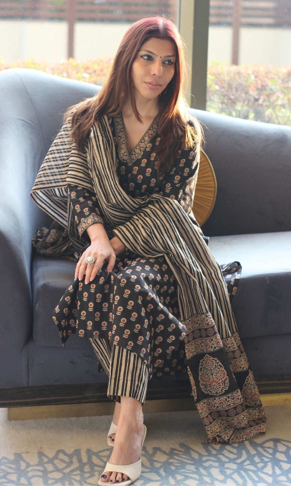 Cotton Block Print Black and Red Suit Set with Cotton Dupatta