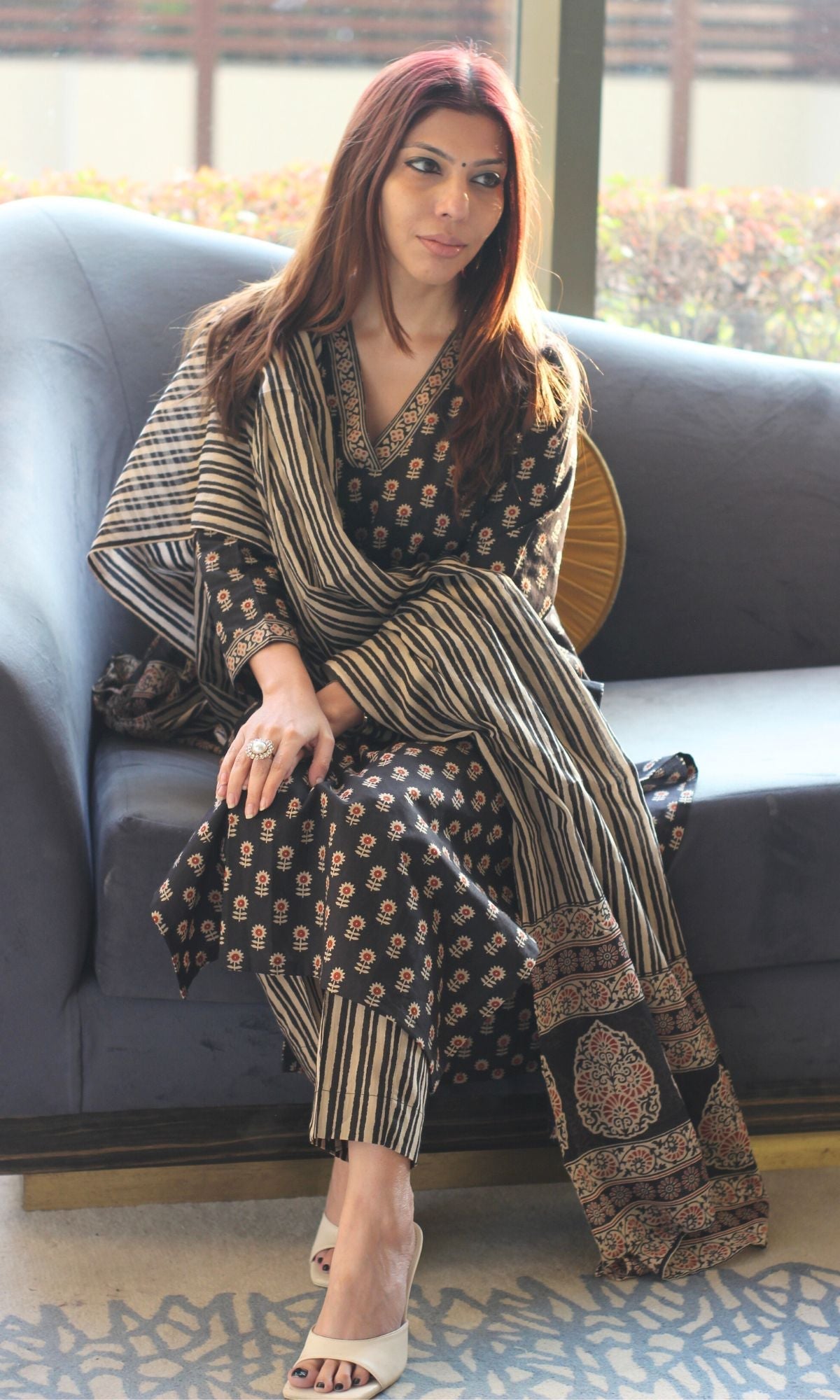 Cotton Block Print Black and Red Suit Set with Cotton Dupatta