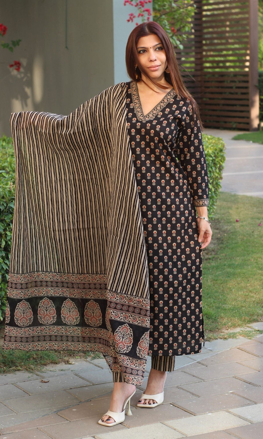 Cotton Block Print Black and Red Suit Set with Cotton Dupatta