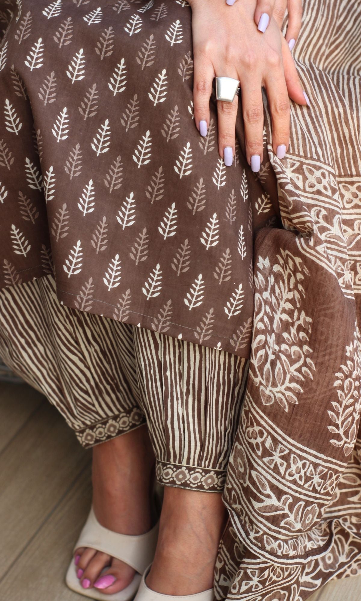 Cotton Block Print Brown Kurta and Afghani Pants with Mul Dupatta