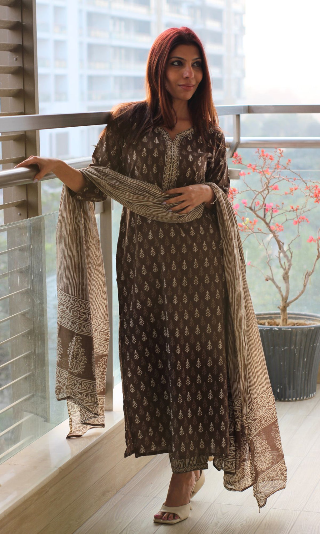 Cotton Block Print Brown Kurta and Afghani Pants with Mul Dupatta