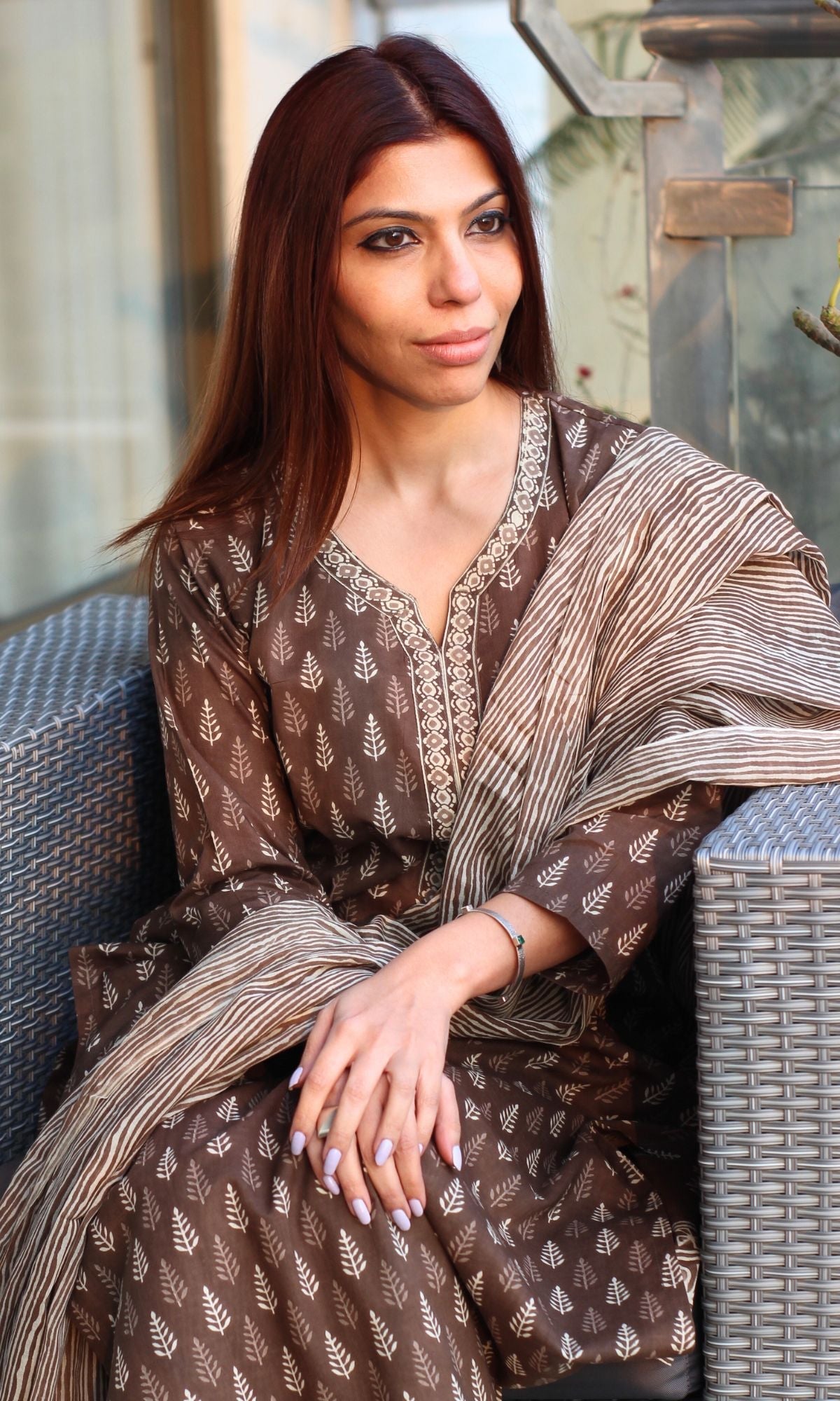 Cotton Block Print Brown Kurta and Afghani Pants with Mul Dupatta