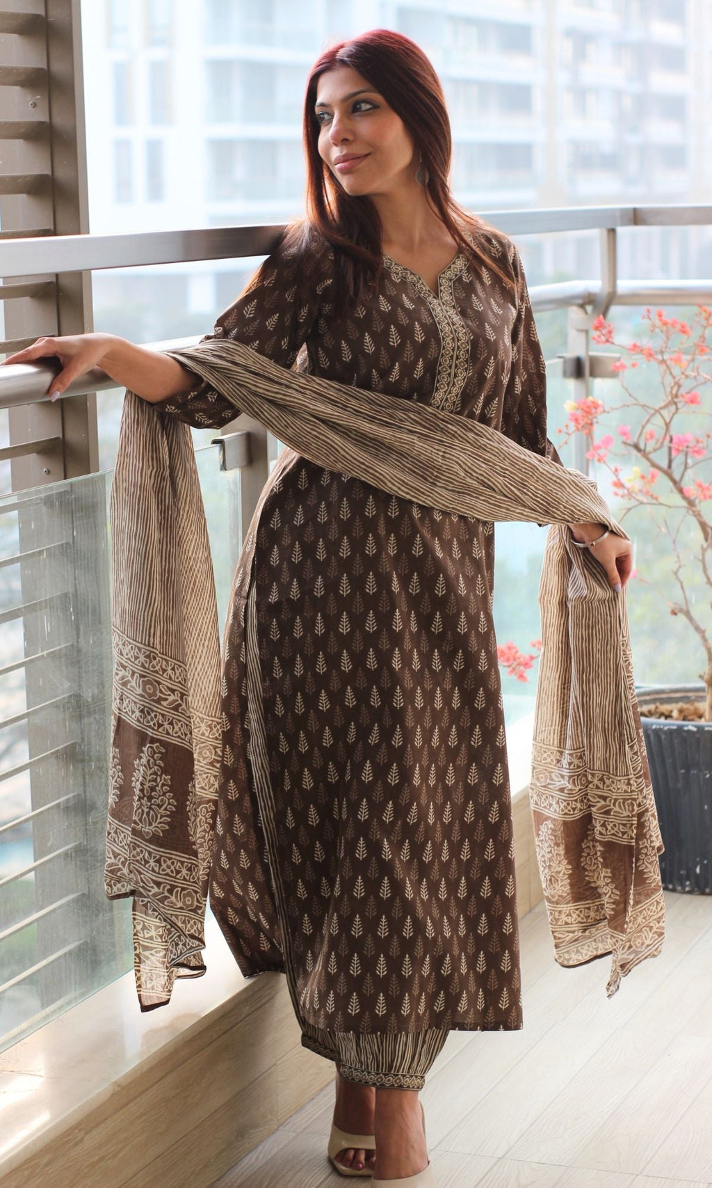 Cotton Block Print Brown Kurta and Afghani Pants with Mul Dupatta