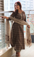 Cotton Block Print Brown Kurta and Afghani Pants with Mul Dupatta