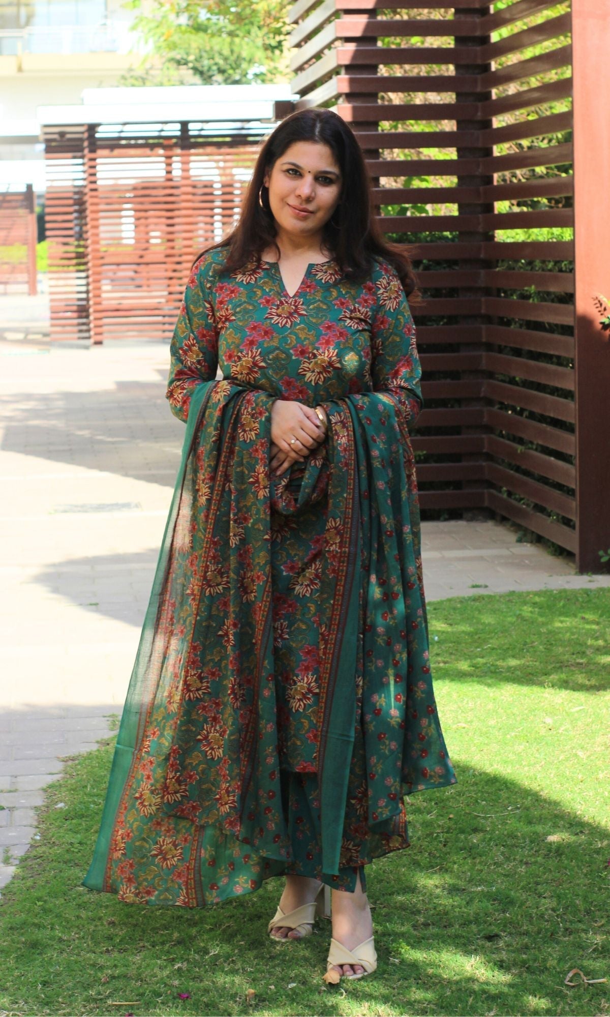 Cotton Block Print Dark Green Suit Set with Printed Cotton Dupatta