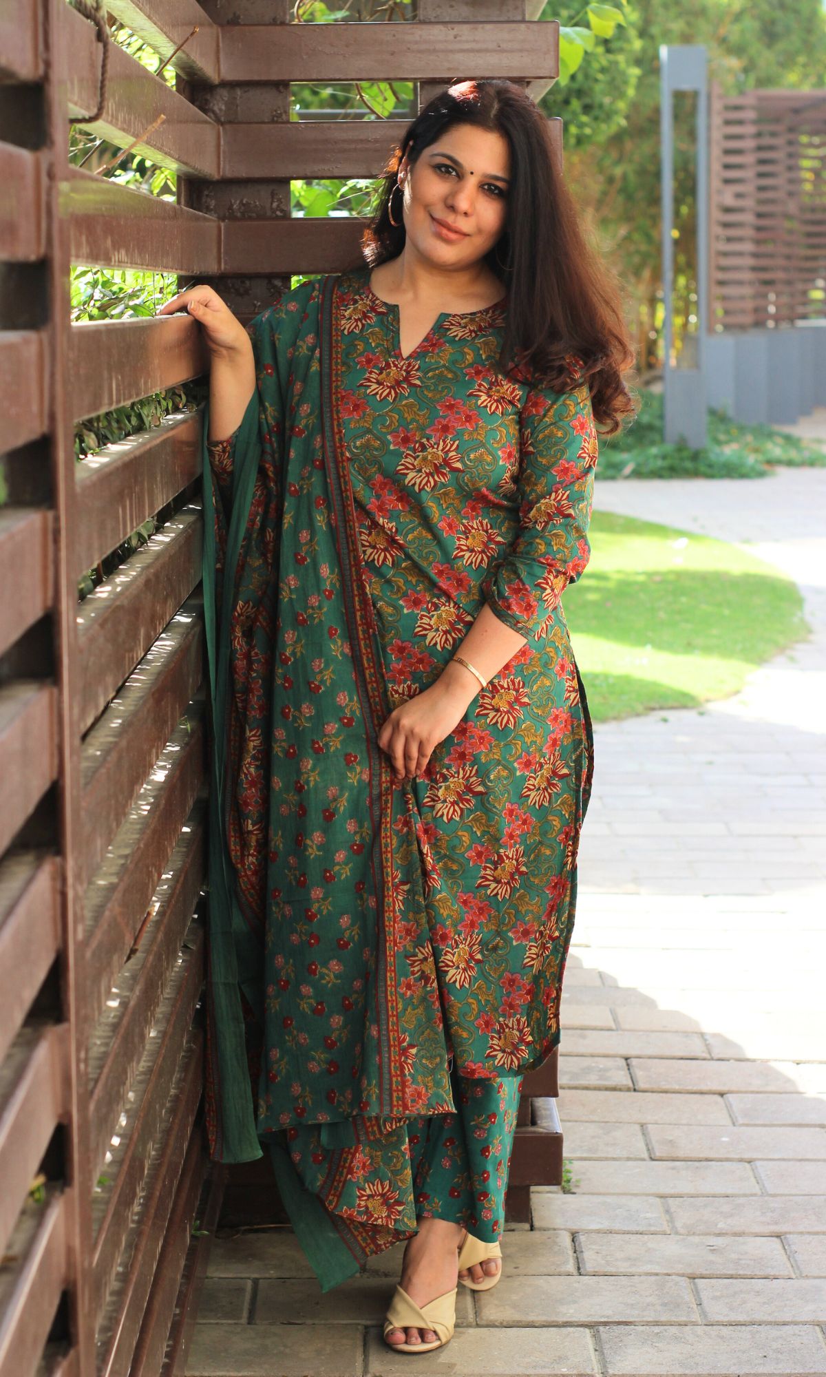 Cotton Block Print Dark Green Suit Set with Printed Cotton Dupatta
