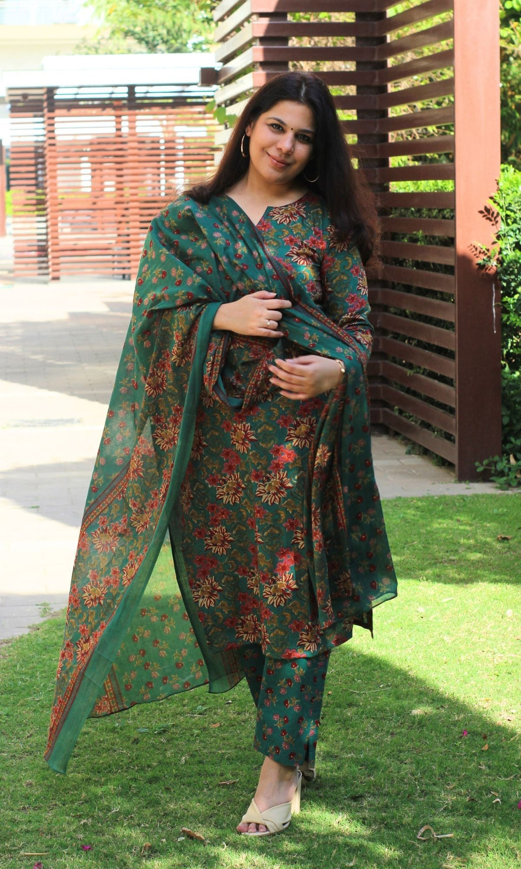 Cotton Block Print Dark Green Suit Set with Printed Cotton Dupatta