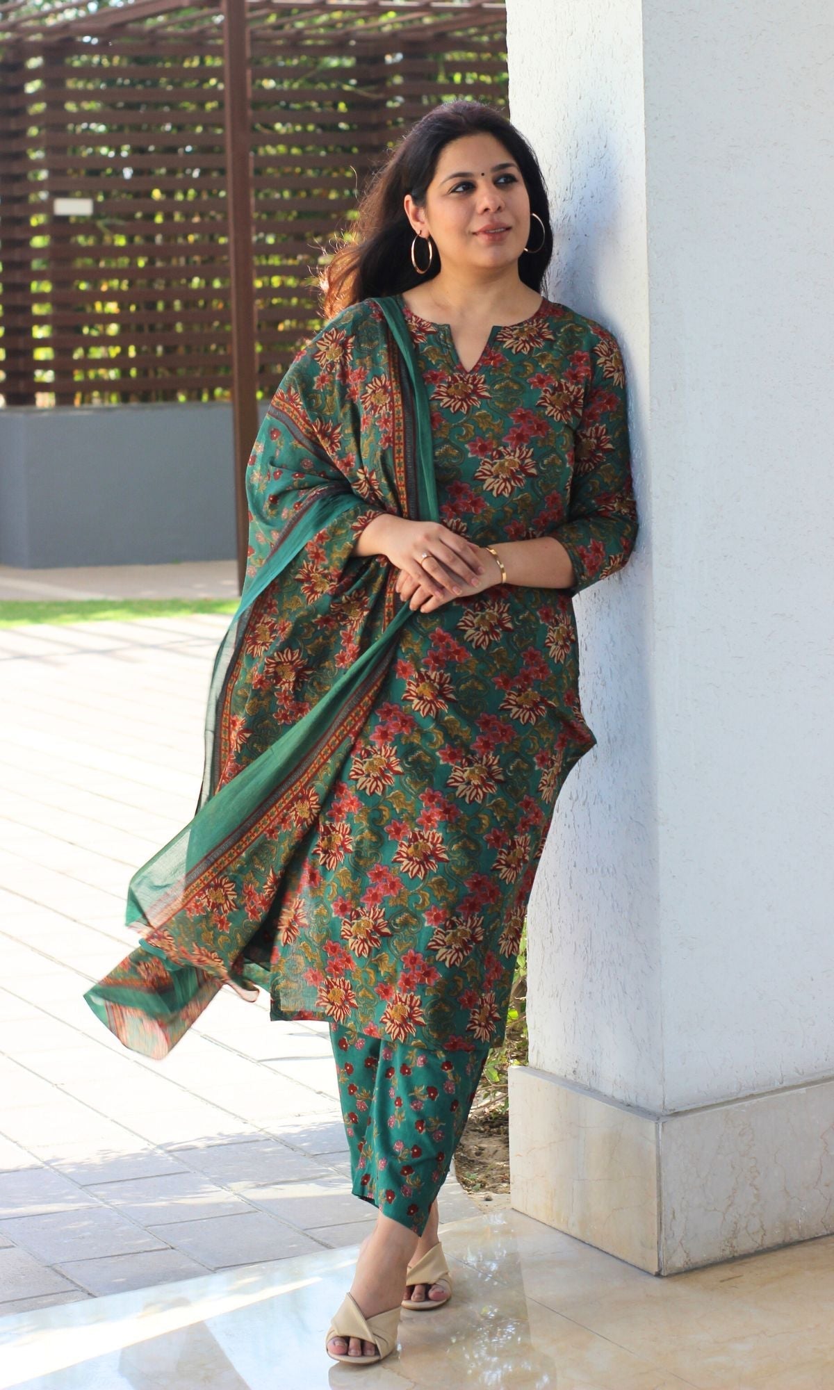 Cotton Block Print Dark Green Suit Set with Printed Cotton Dupatta