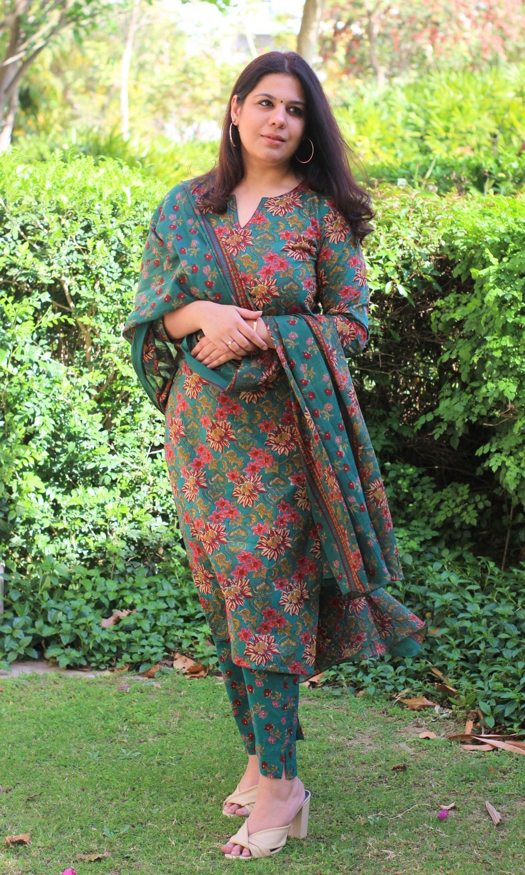 Cotton Block Print Dark Green Suit Set with Printed Cotton Dupatta