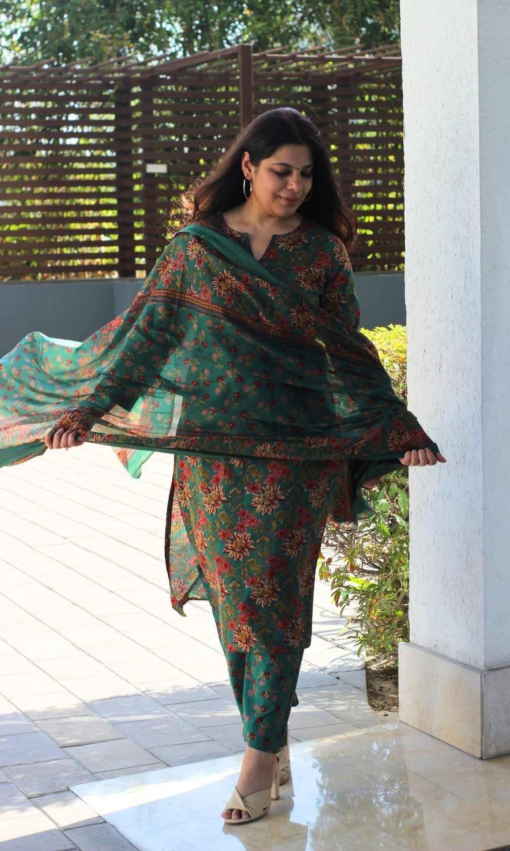 Cotton Block Print Dark Green Suit Set with Printed Cotton Dupatta