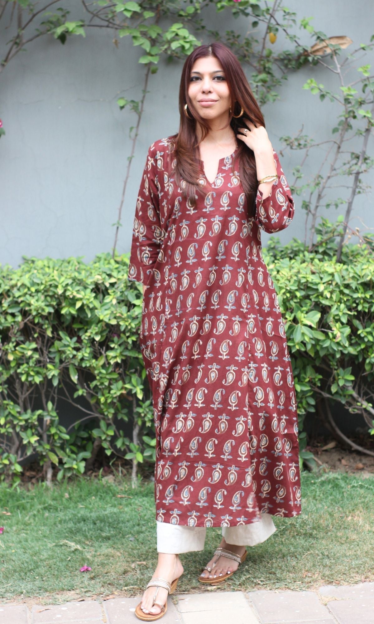 Cotton Block Print Maroon Kali Kurta
