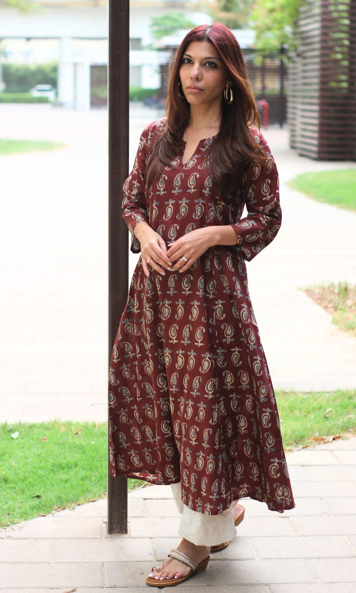 Cotton Block Print Maroon Kali Kurta