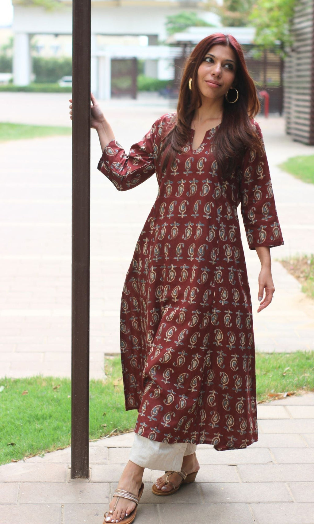 Cotton Block Print Maroon Kali Kurta
