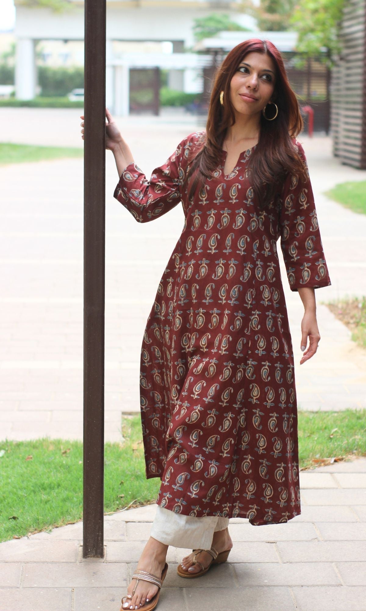 Cotton Block Print Maroon Kali Kurta