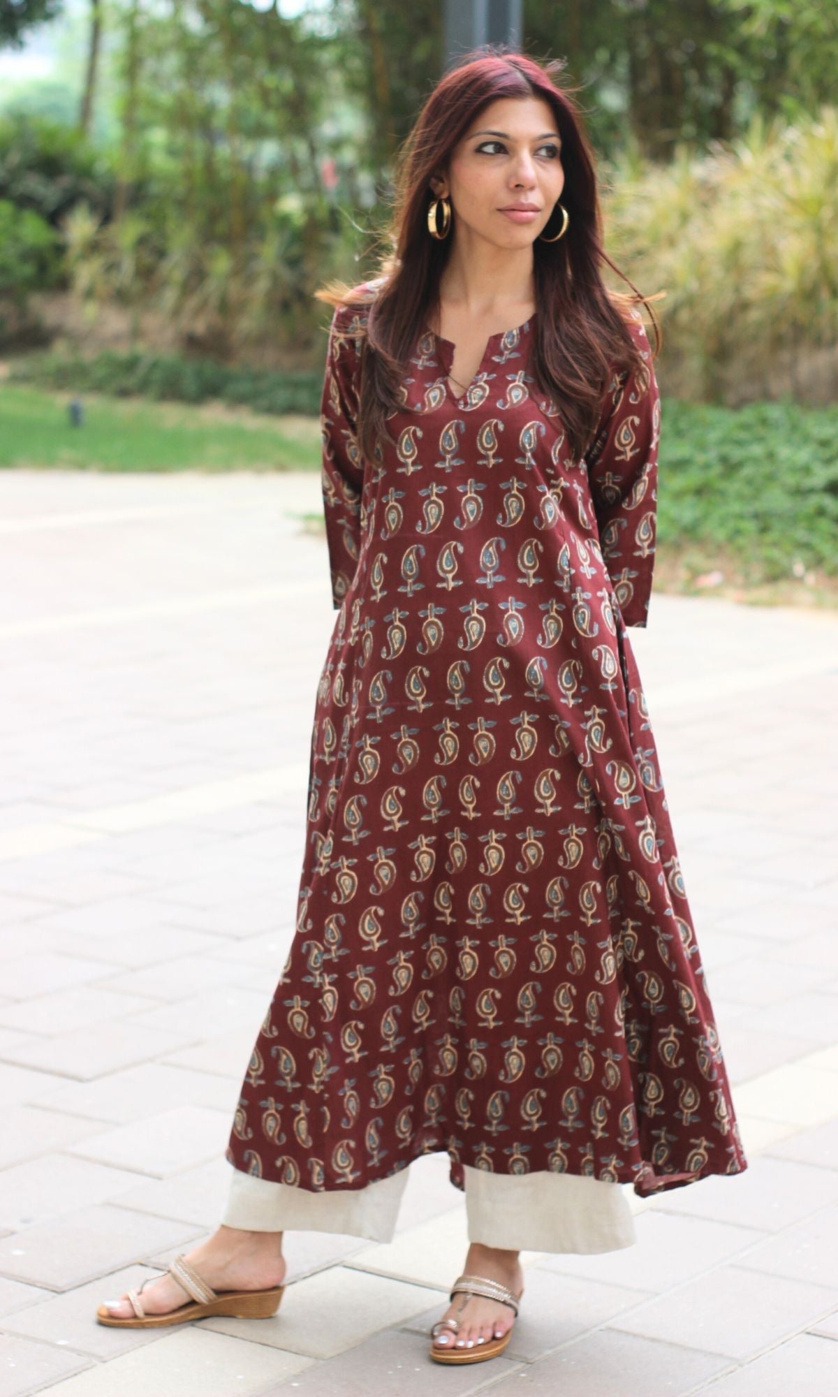 Cotton Block Print Maroon Kali Kurta
