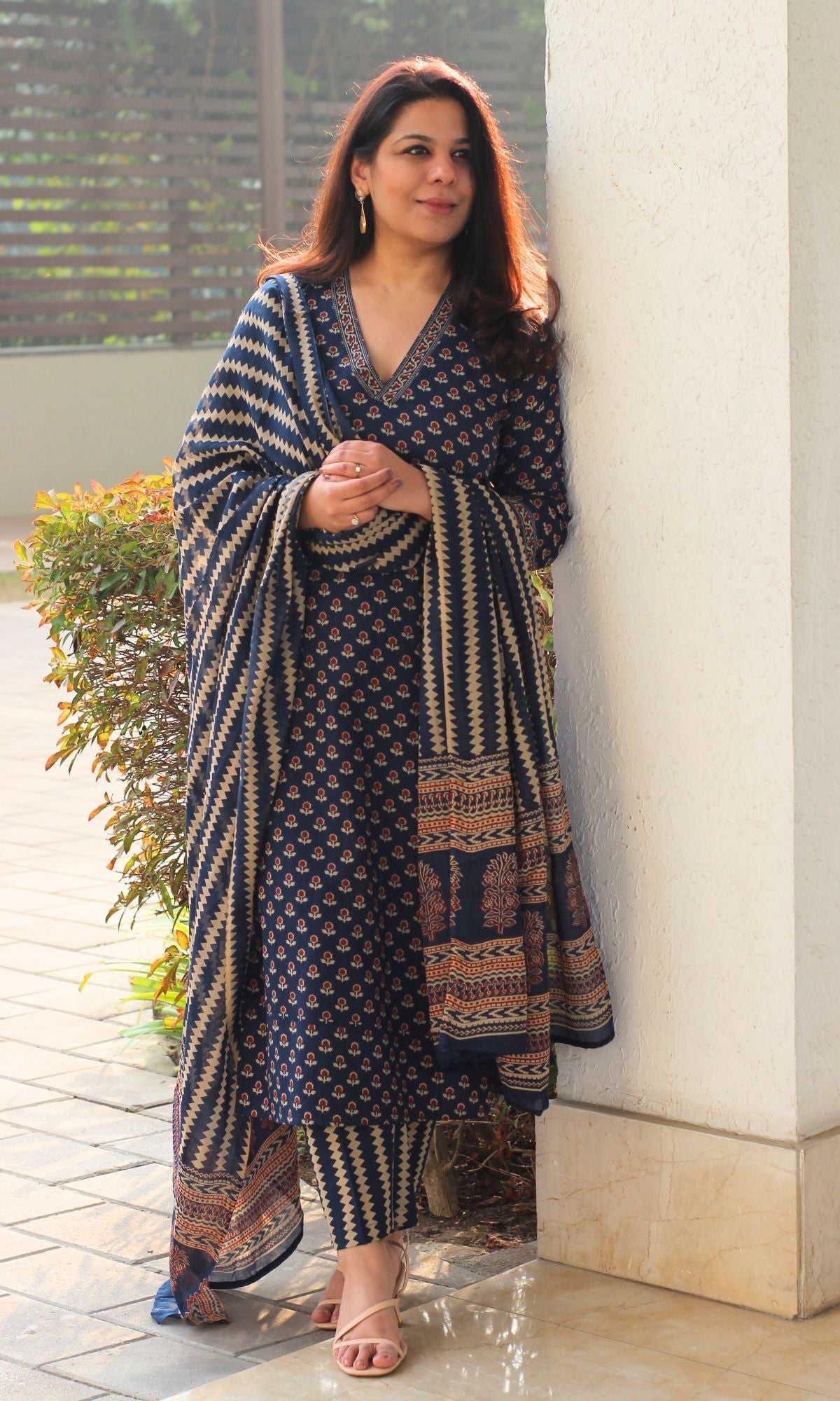 Cotton Block Print Navy Blue Suit Set with Printed Cotton Dupatta