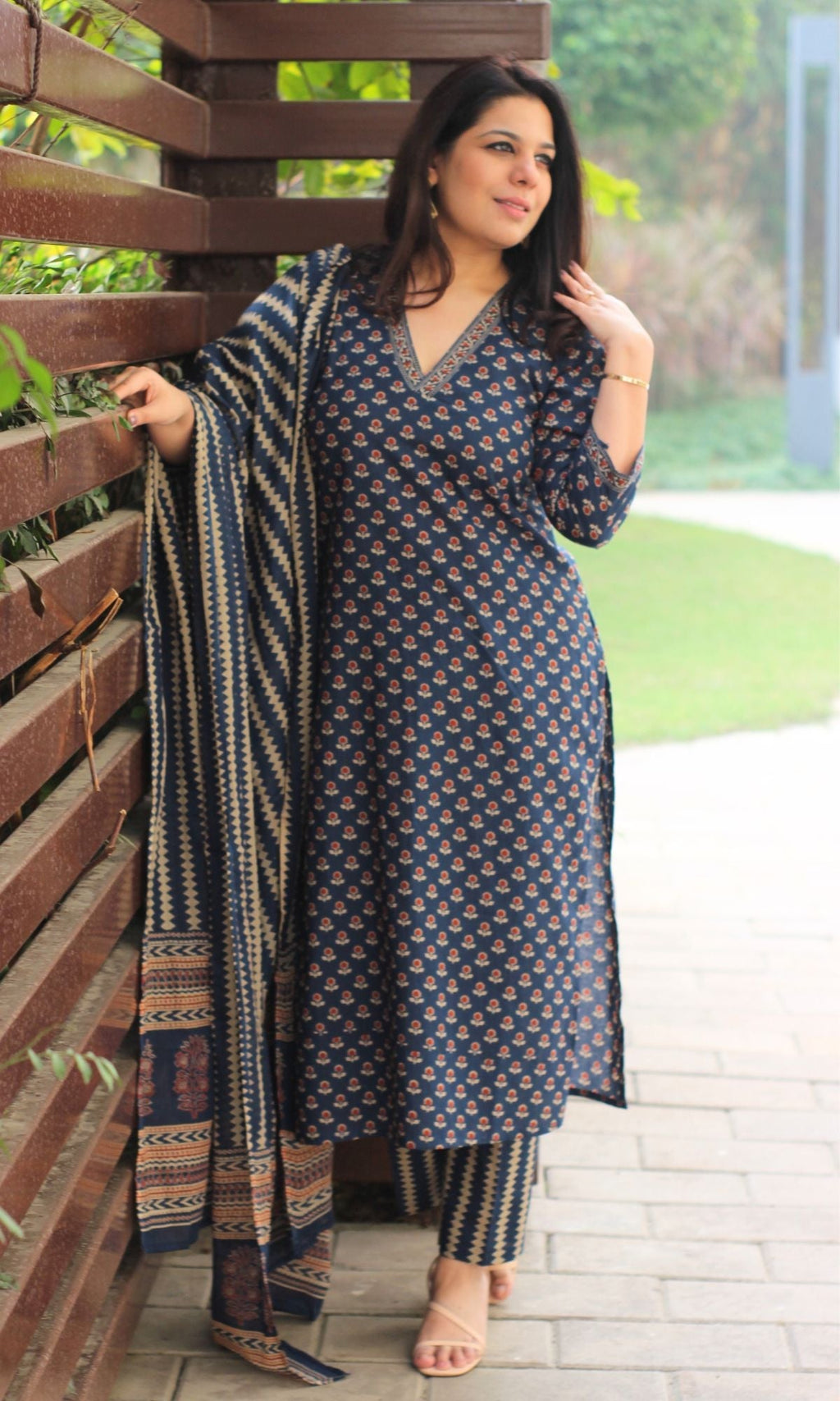 Cotton Block Print Navy Blue Suit Set with Printed Cotton Dupatta
