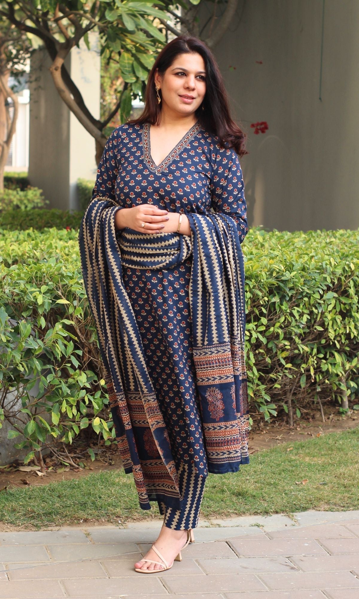 Cotton Block Print Navy Blue Suit Set with Printed Cotton Dupatta