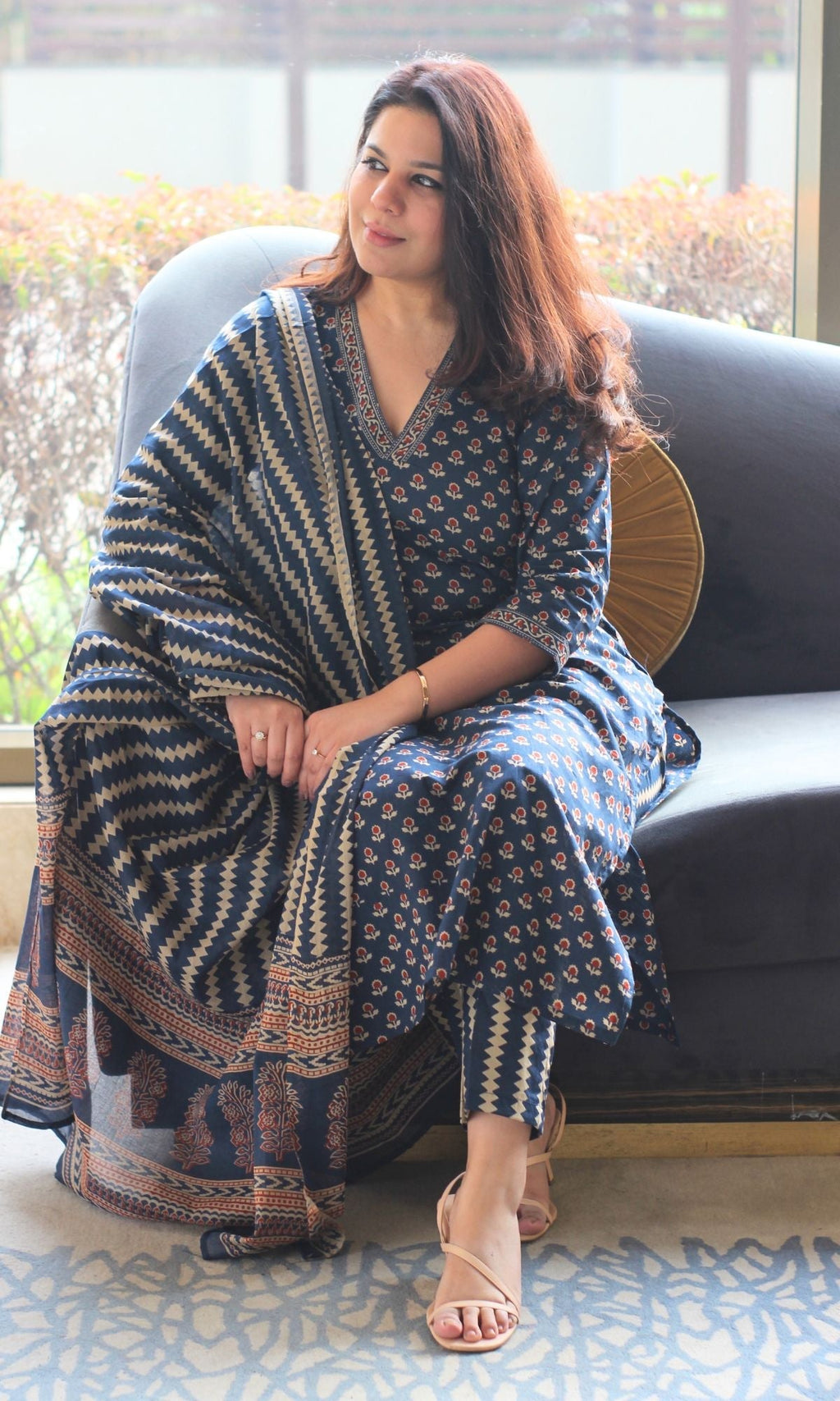 Cotton Block Print Navy Blue Suit Set with Printed Cotton Dupatta