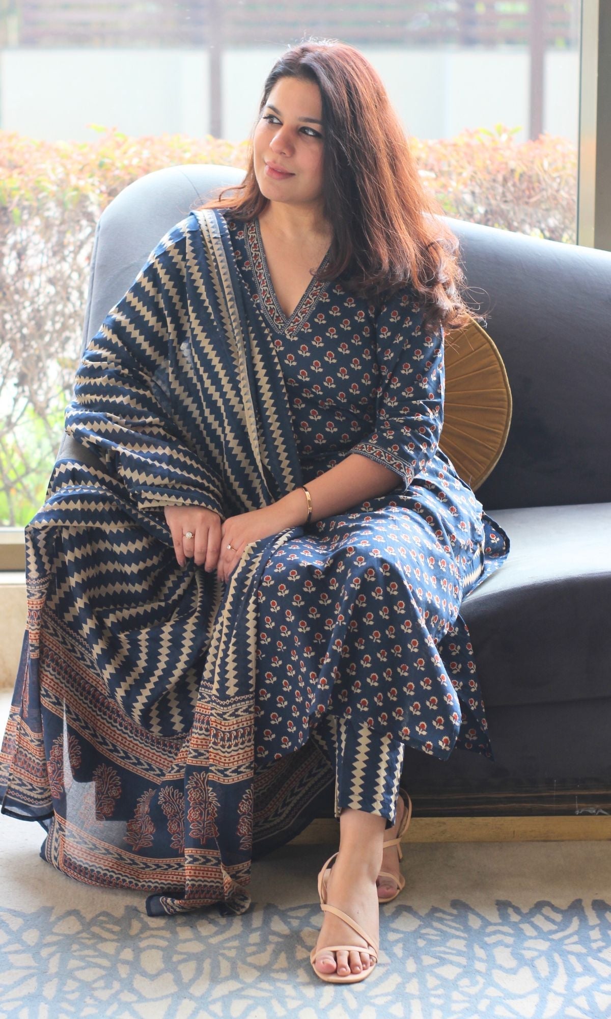 Cotton Block Print Navy Blue Suit Set with Printed Cotton Dupatta