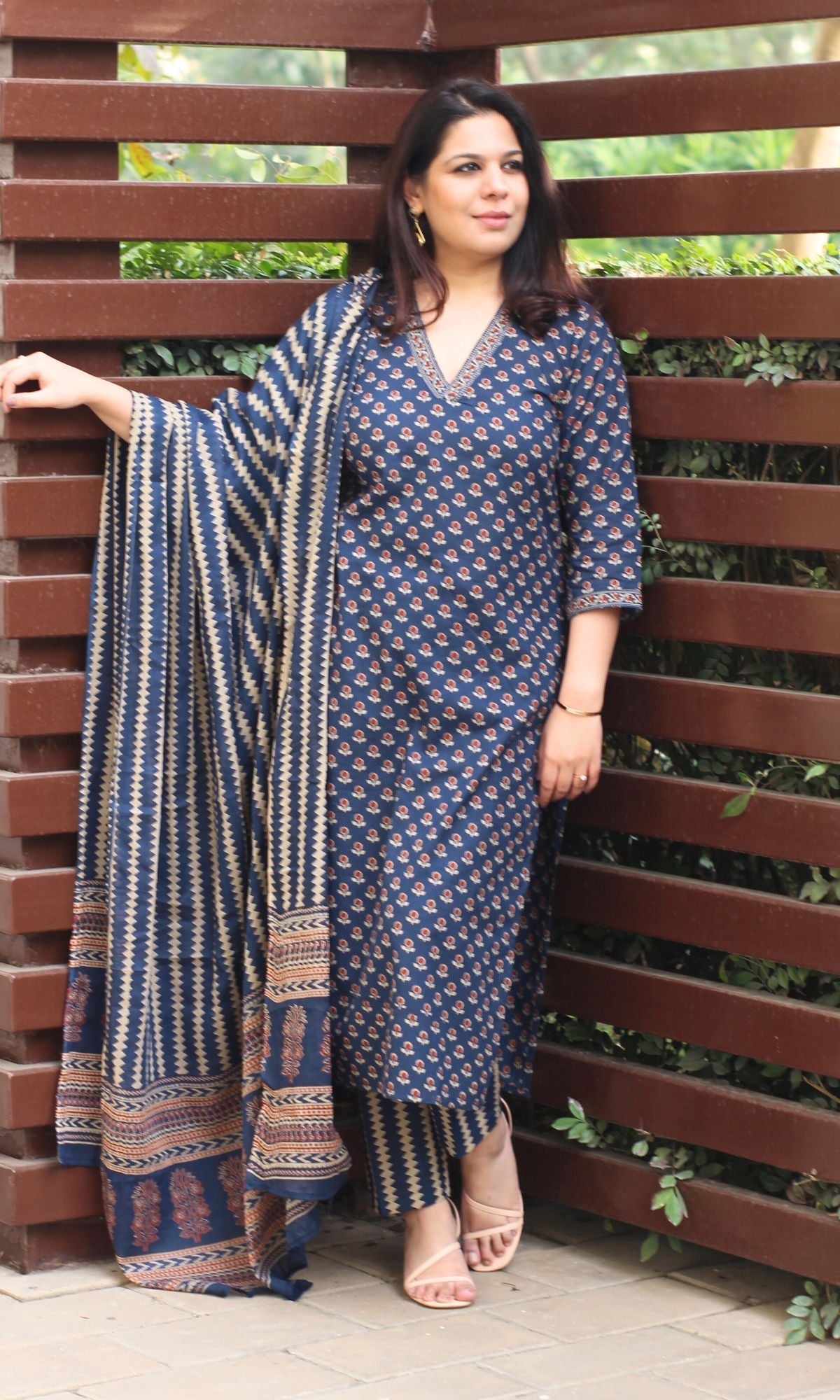 Cotton Block Print Navy Blue Suit Set with Printed Cotton Dupatta