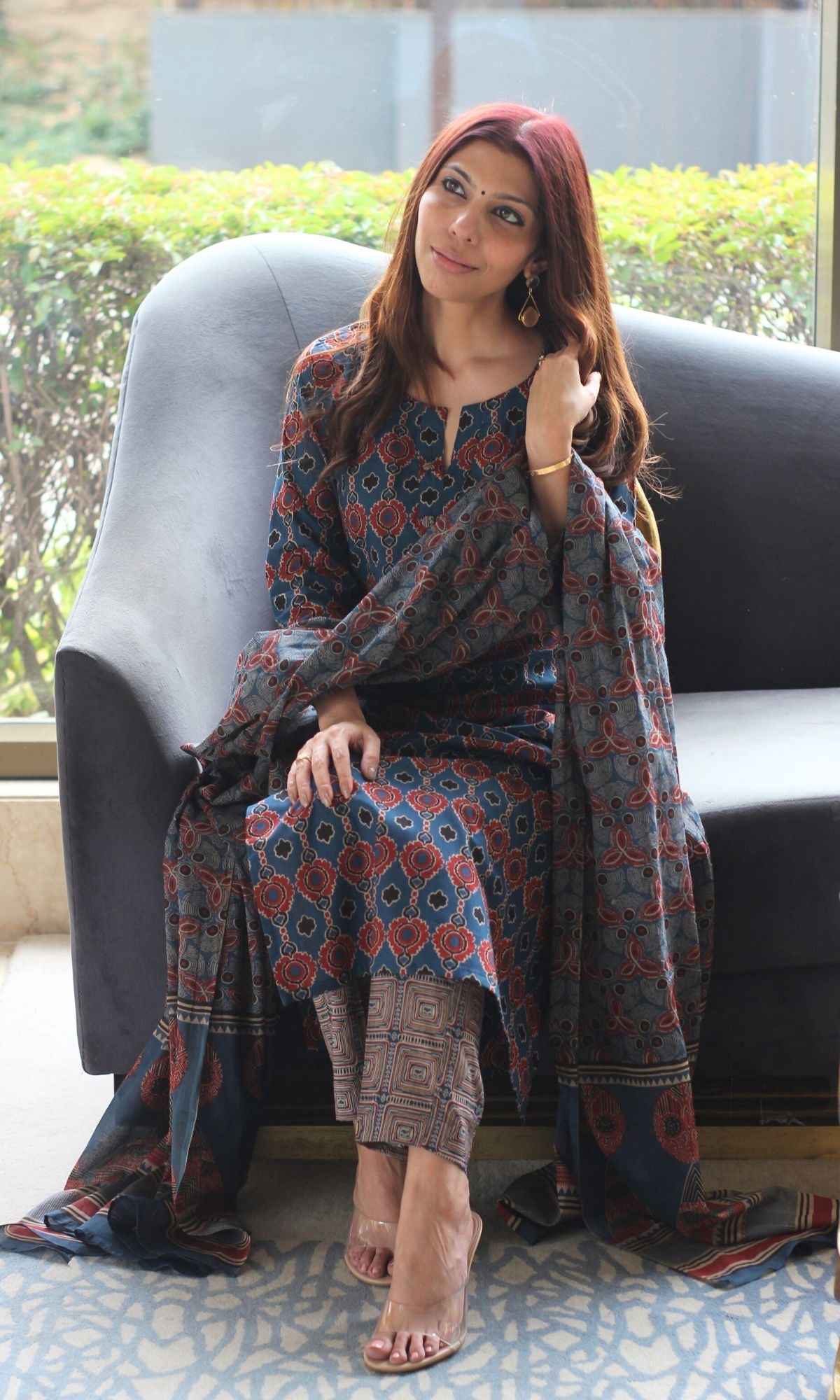 Cotton Block Print Royal Blue Suit Set with Cotton Printed Dupatta