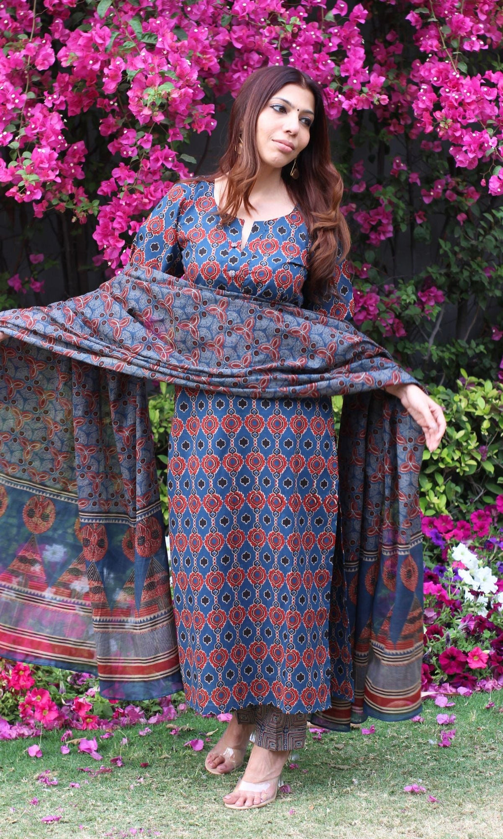 Cotton Block Print Royal Blue Suit Set with Cotton Printed Dupatta