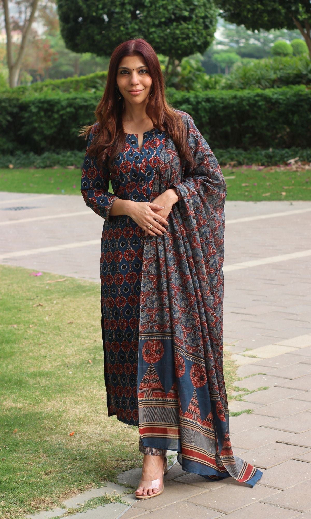 Cotton Block Print Royal Blue Suit Set with Cotton Printed Dupatta