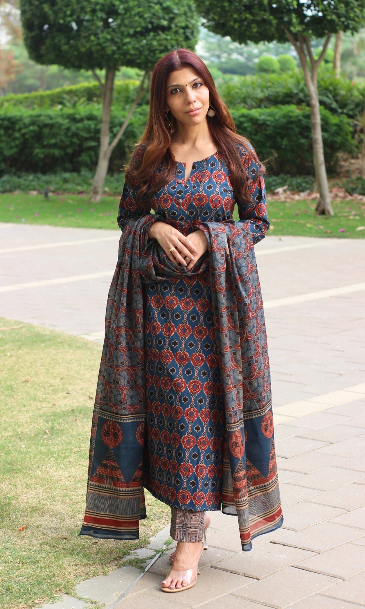 Cotton Block Print Royal Blue Suit Set with Cotton Printed Dupatta