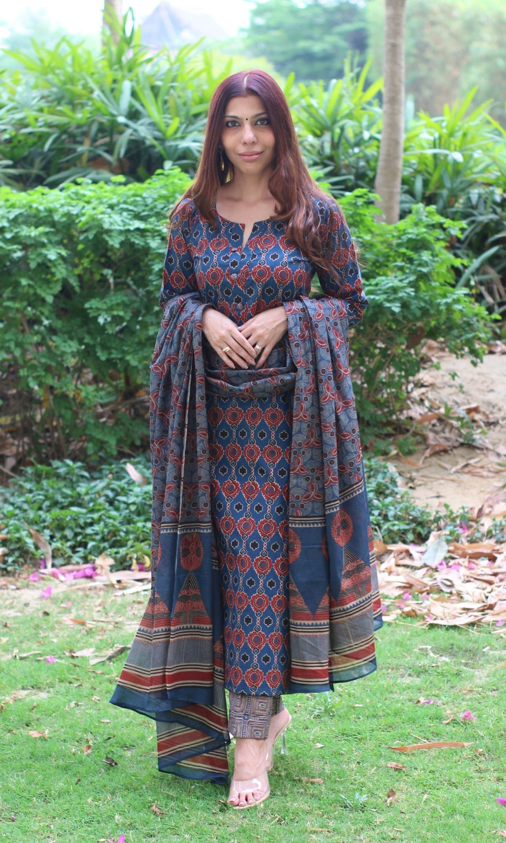 Cotton Block Print Royal Blue Suit Set with Cotton Printed Dupatta