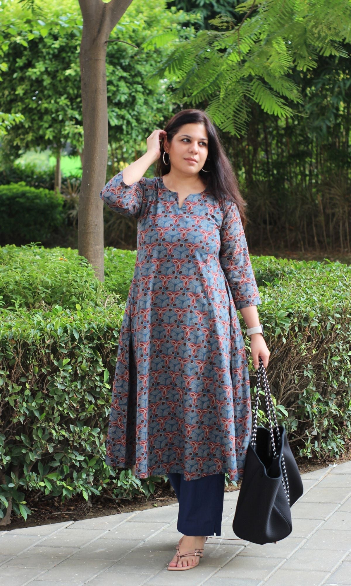Cotton Blue Ajrakh Print Kali Kurta